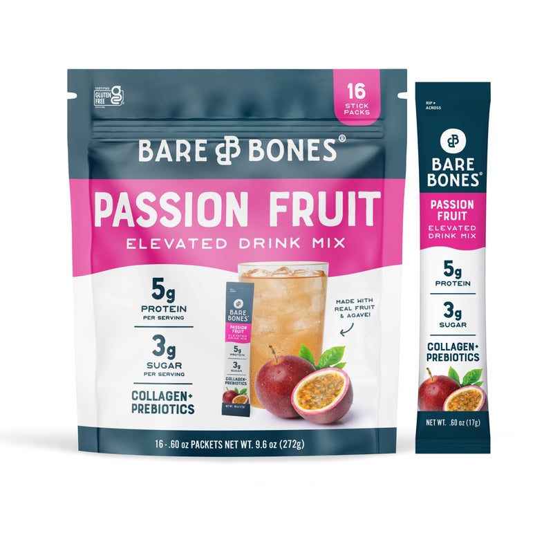 Bare Bones Passion Fruit Elevated Drink Mix | Light & Flavorful | Gluten-Free & Naturally Sweetened | On-the-Go Stick Single-Serve Packs Powdered Refreshment | 5g Protein | 16 Packets (.60 oz) - Image 1